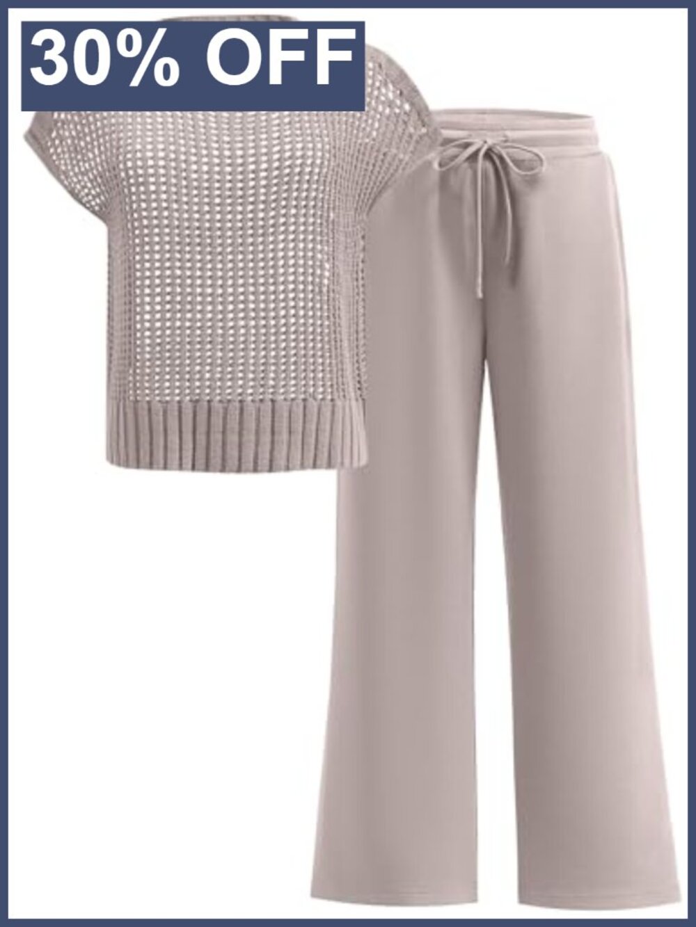 Crochet Sheer Knit Sweater Top Wide Leg Pants Lounge Set Two Piece Outfit
